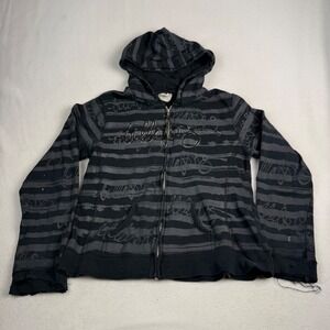 Billabong Mens XL Striped Graphic Zip Up Hoodie Black Grey Y2K Distressed